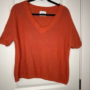 Stitches + Stripes Womens Orange 100% Cotton V-Neck Short Sleeve Sweater Size M